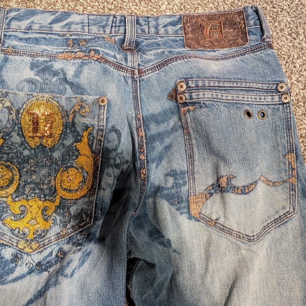 Akademiks Jeans Mens 34 Y2K Baggy Distressed Beaded Embroidered Hip Hop Denim - Picture 7 of 16